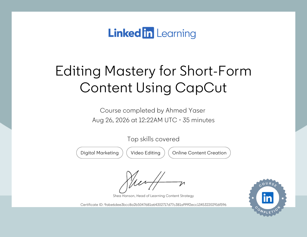 Editing Mastery for Short-Form Content Using CapCut — LinkedIn Learning certificate