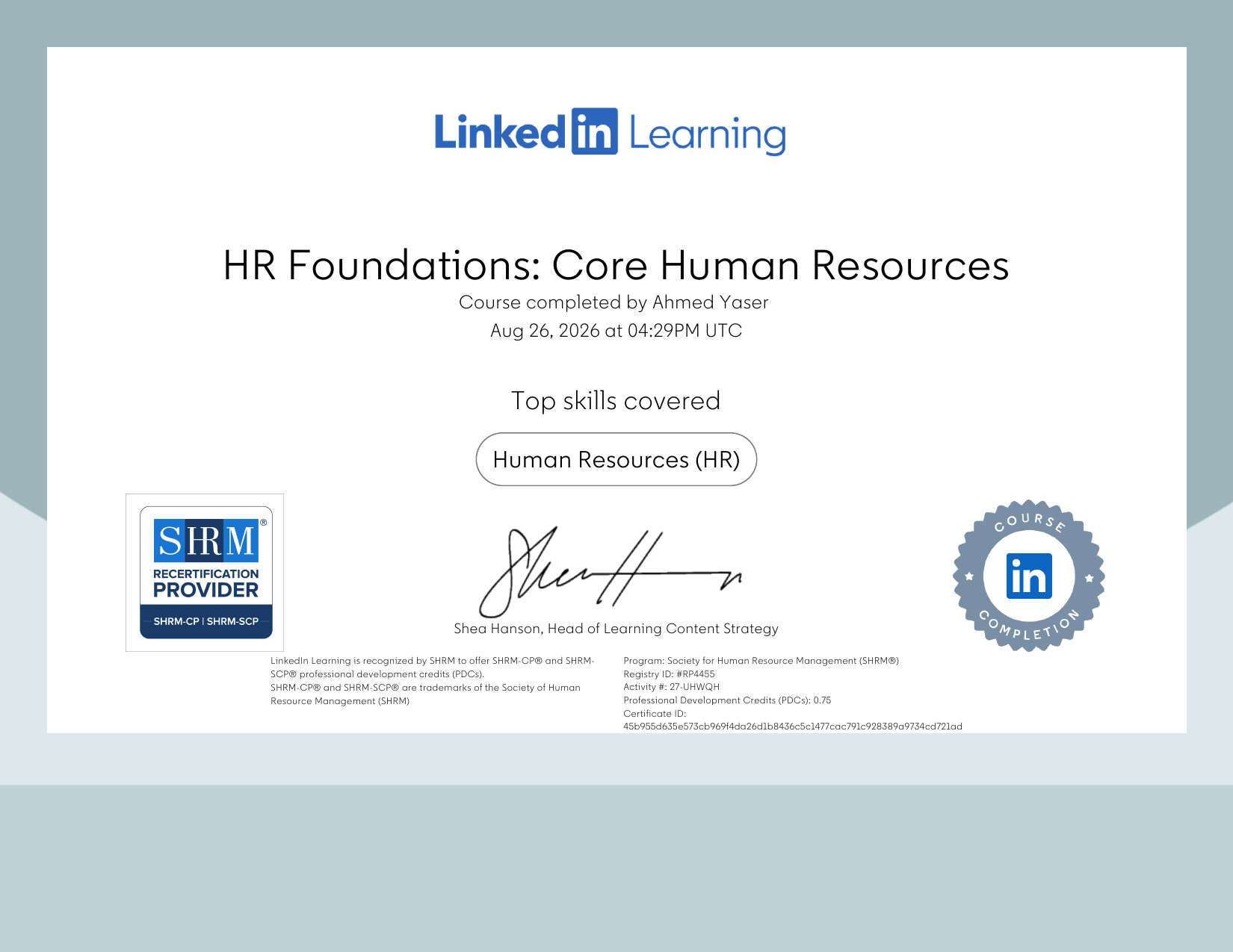 HR Foundations: Core Human Resources — SHRM PDCs — Society for Human Resource Management (SHRM) certificate